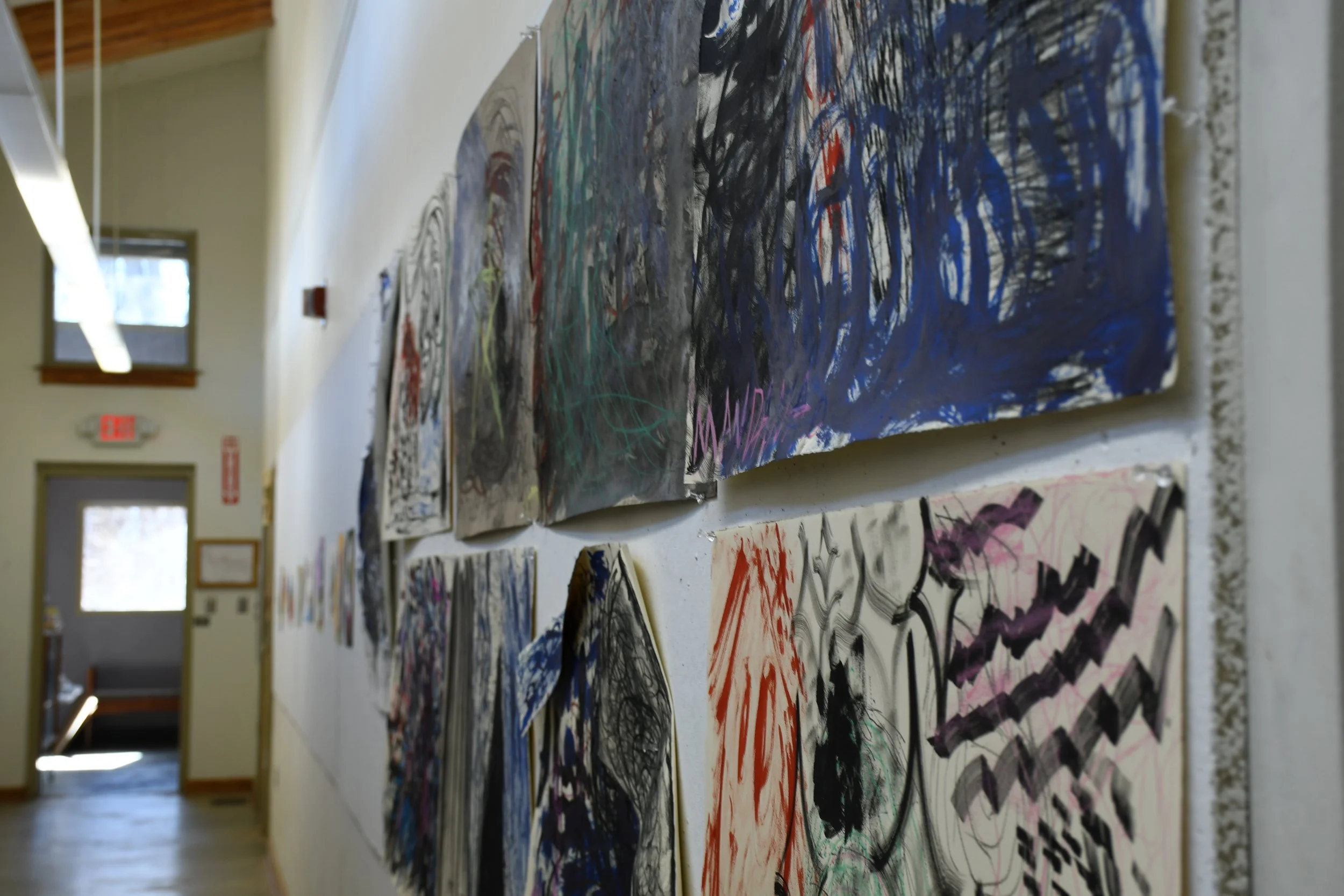  Drawings hanging up on walls in Holden Arts Building, Warren Wilson College (WWC) campus in Swannanoa, N.C., on Feb. 15, 2026. (Echo News/Richmond Joyce) 