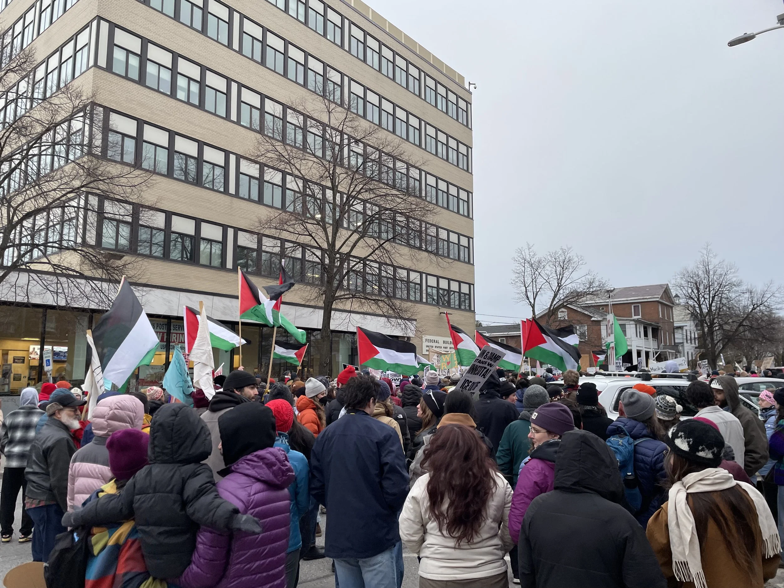  People march from the Burlington City Hall to the Federal building protesting the ICE raid that had taken place the day prior. ICE officers broke into a house in South Burlington, seizing three people from inside and arresting three protesters. (Ech
