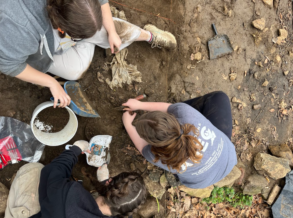  Overhead photograph of students excavation a unit at Boyd Cabin in Sandy Mush, Buncombe County NC on Mar. 13, 2026. (Echo News/Richmond Joyce) 