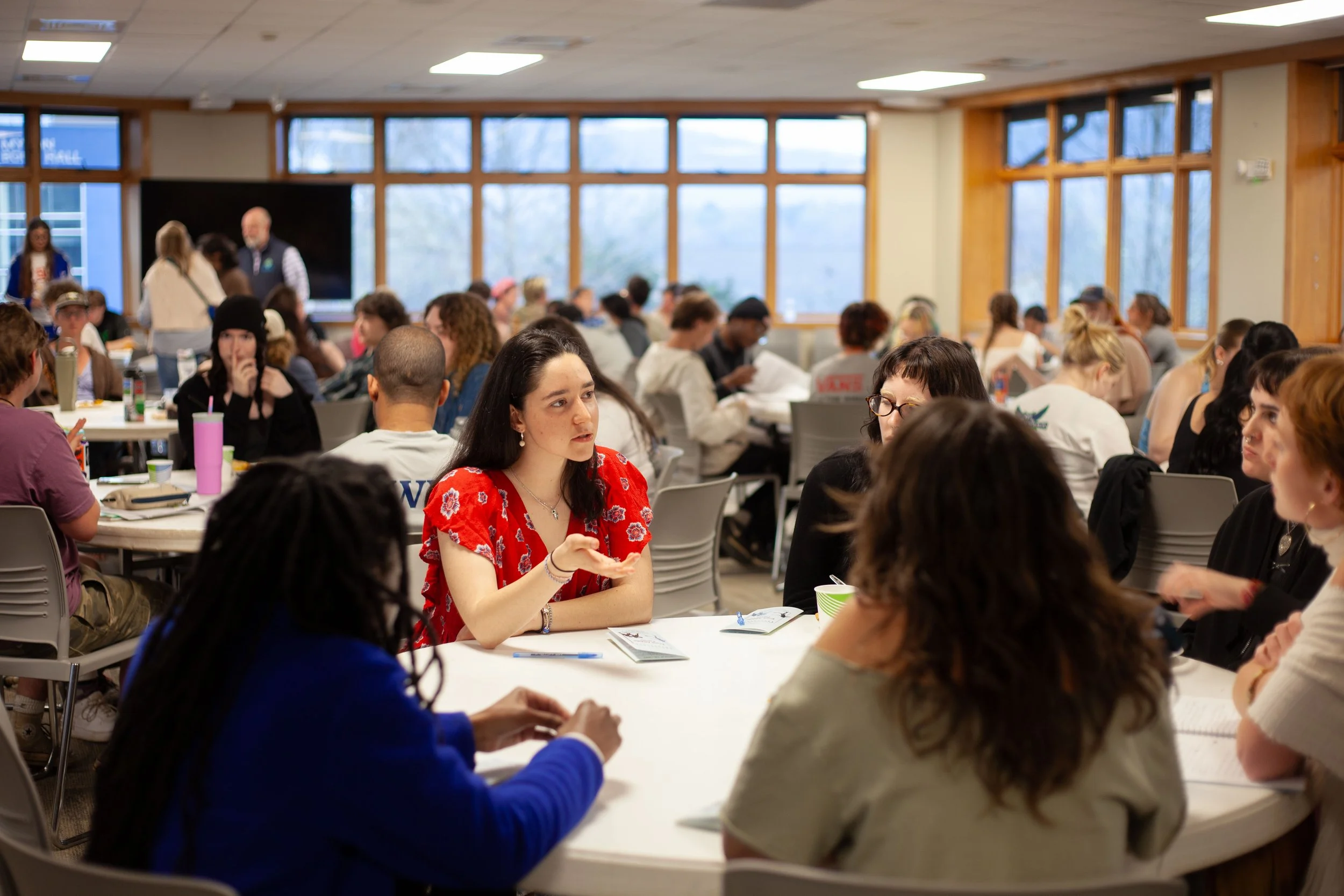  Students discuss questions presented at the Trans Athletes forum at Warren Wilson College in Swannanoa, N.C. (Echo/Emma Taylor McCallum) 