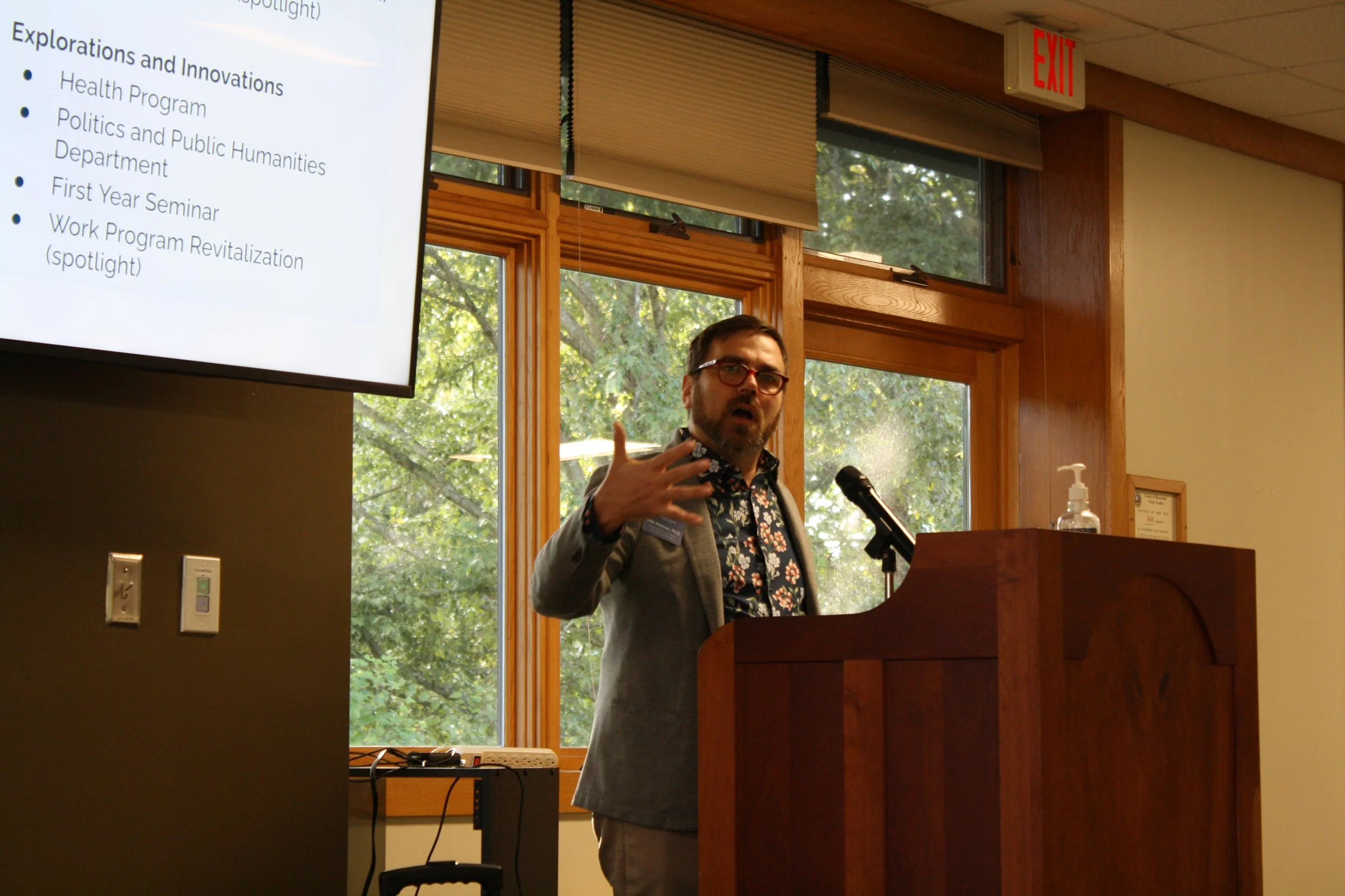  Brian Norman, Provost &amp; Dean of the Faculty at Warren Wilson College speaks in front of students at the State of the College Address on Sep. 2, 2026, Swannanoa, N.C. (Echo/Emma Taylor McCallum) 