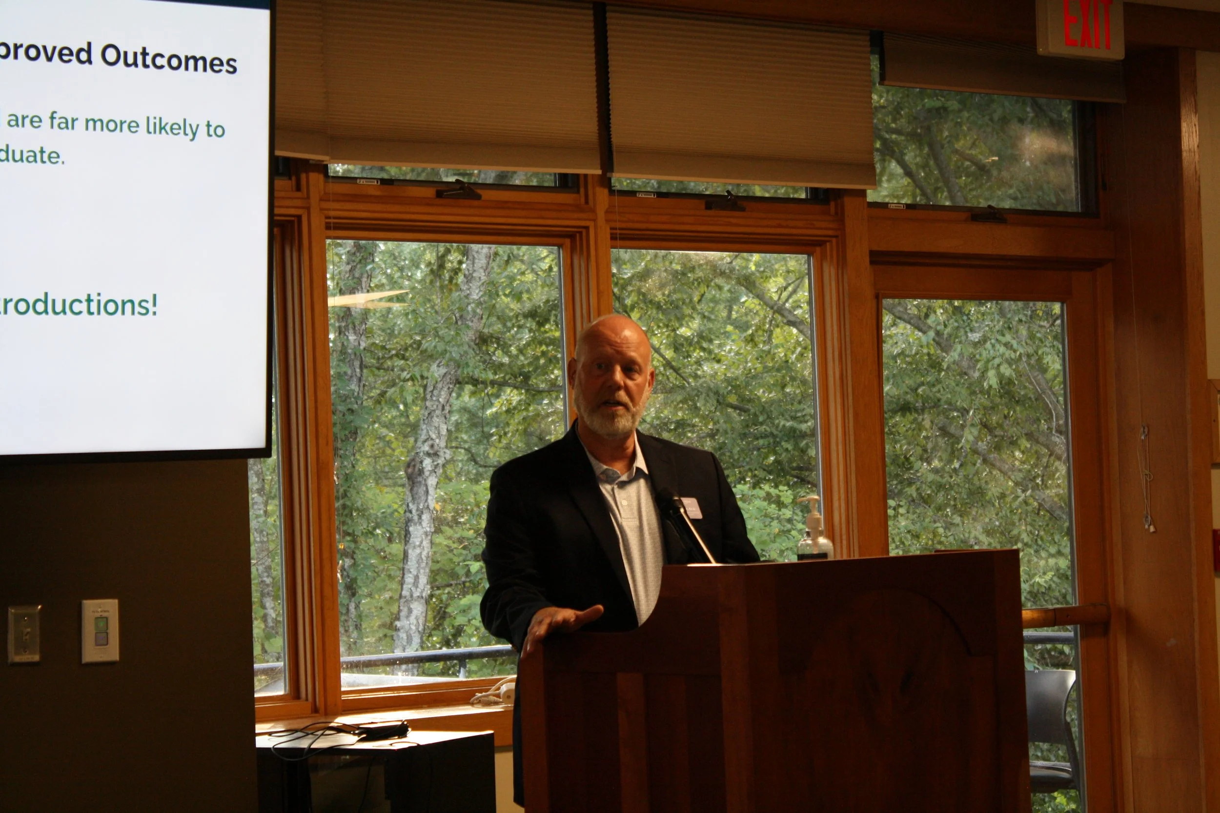  Joel Bluml, Vice President for Student Engagement and Dean of Students at Warren Wilson College speaks in front of students at the State of the College Address on Sep. 2, 2026, Swannanoa, N.C. (Echo/Emma Taylor McCallum) 