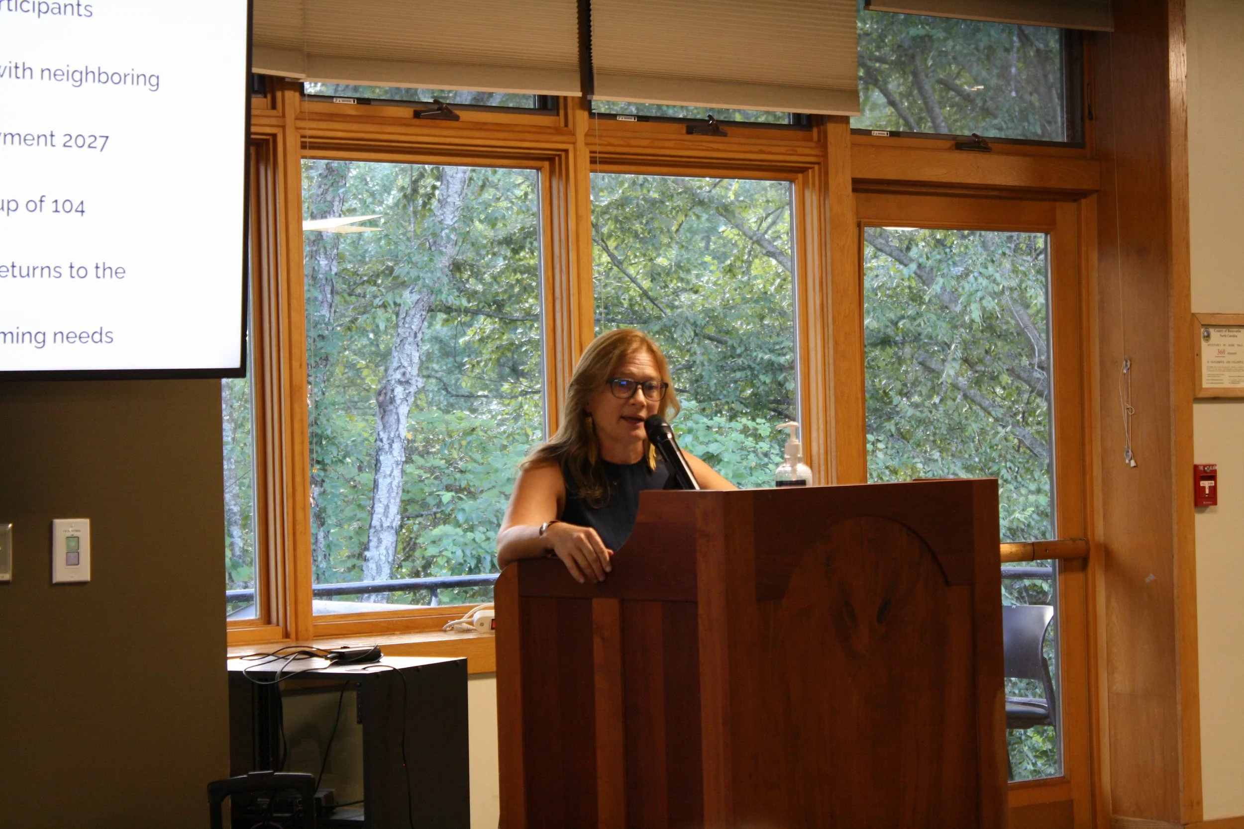  Amy Frey Ager, Executive Director of Strategic Ventures, Partnerships, and Programs at Warren Wilson College speaks in front of students at the State of the College Address on Sep. 2, 2026, Swannanoa, N.C. (Echo/Emma Taylor McCallum) 