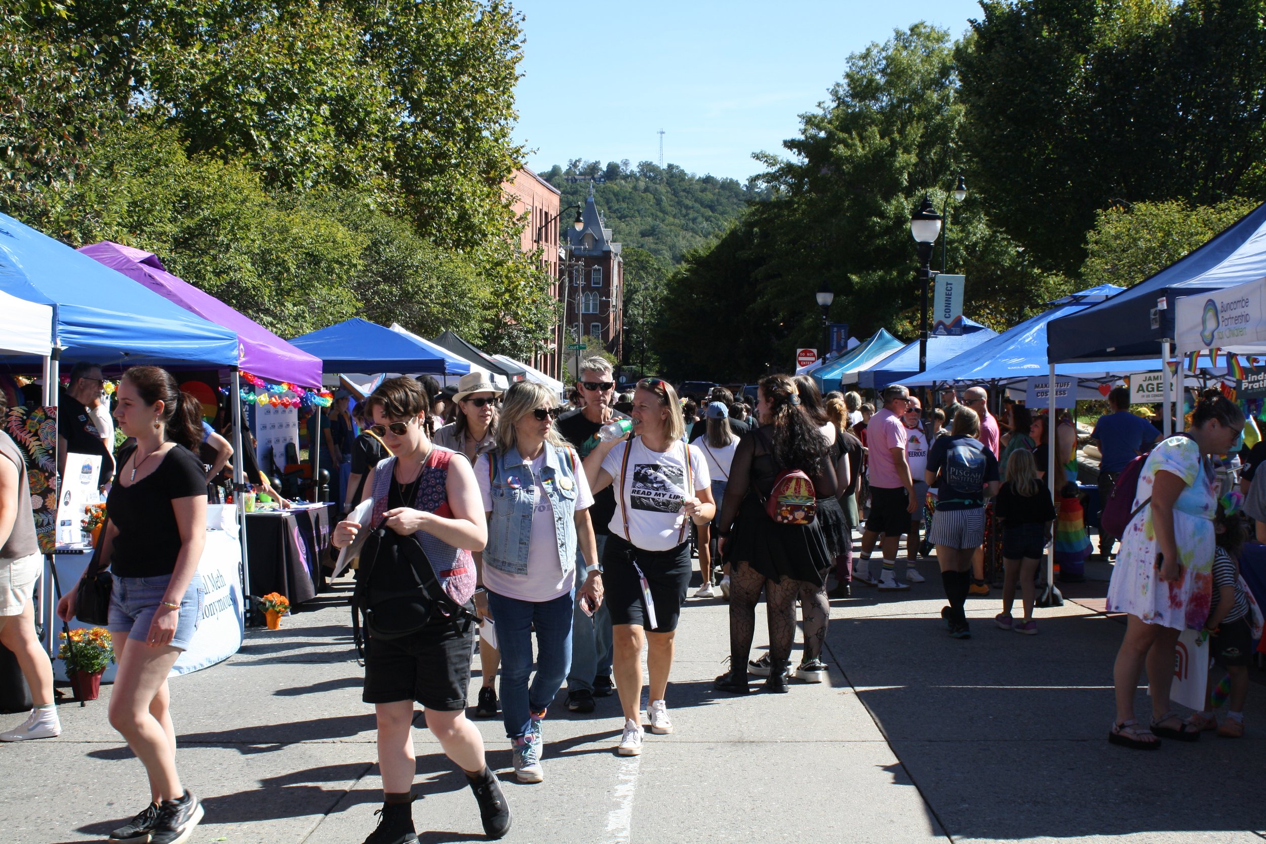  People stroll through Pack Square Park, visiting tents hosted by local organizations sharing resources and information at Blue Ridge Pride on Sep. 26, 2026 in Pack Square Park in Asheville, N.C. (Echo/Emma Taylor McCallum) 