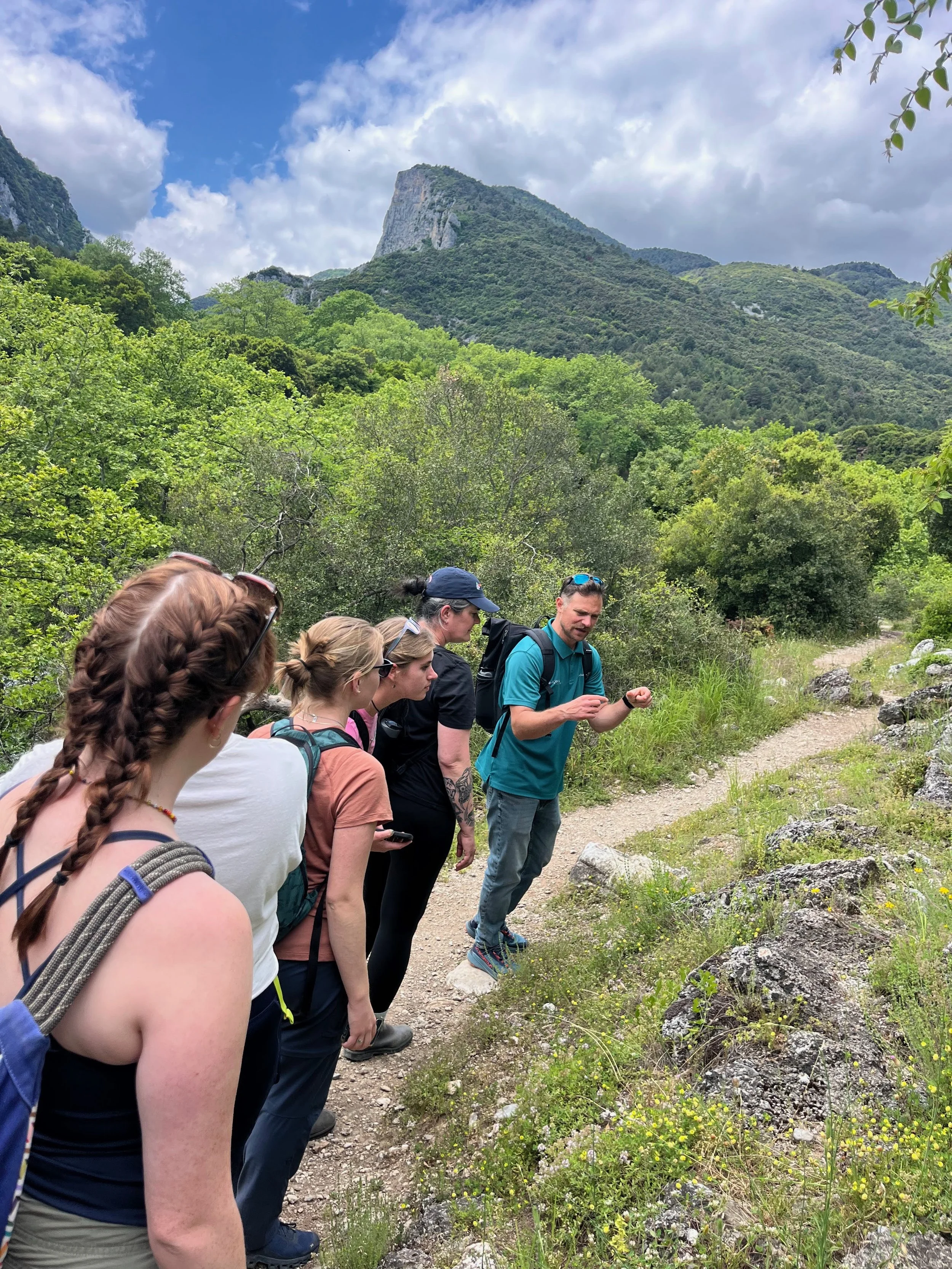  The Climate Change and Mediterranean Ecosystems class learns about local flora and fauna from a guide from Ecogenia. Olympus National Park⁩, ⁨Litochoro⁩, ⁨Central Macedonia⁩, ⁨Greece⁩ on May 18 2026 (courtesy of Taylor Knops) 