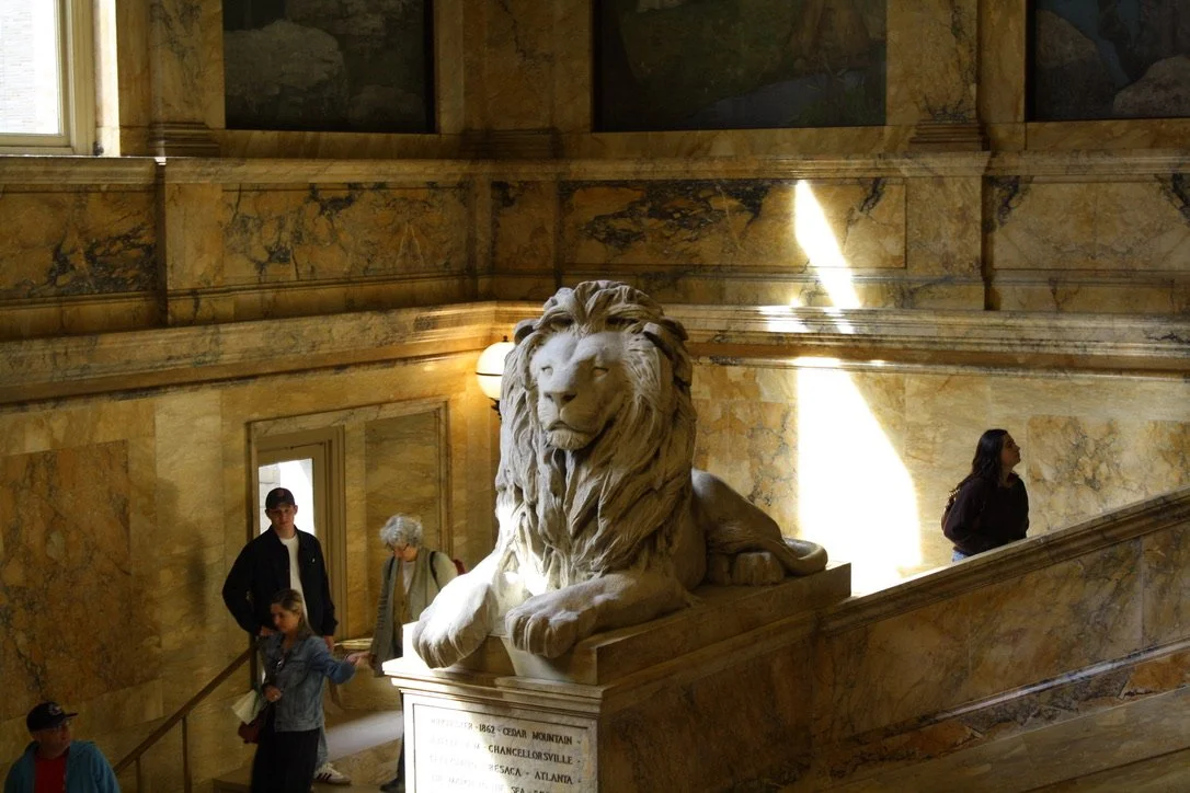  One of the stone lions in the Boston Public Library stairwell, Boston Mass. on Oct. 10, 2026. (Echo/Emma Taylor McCallum) 
