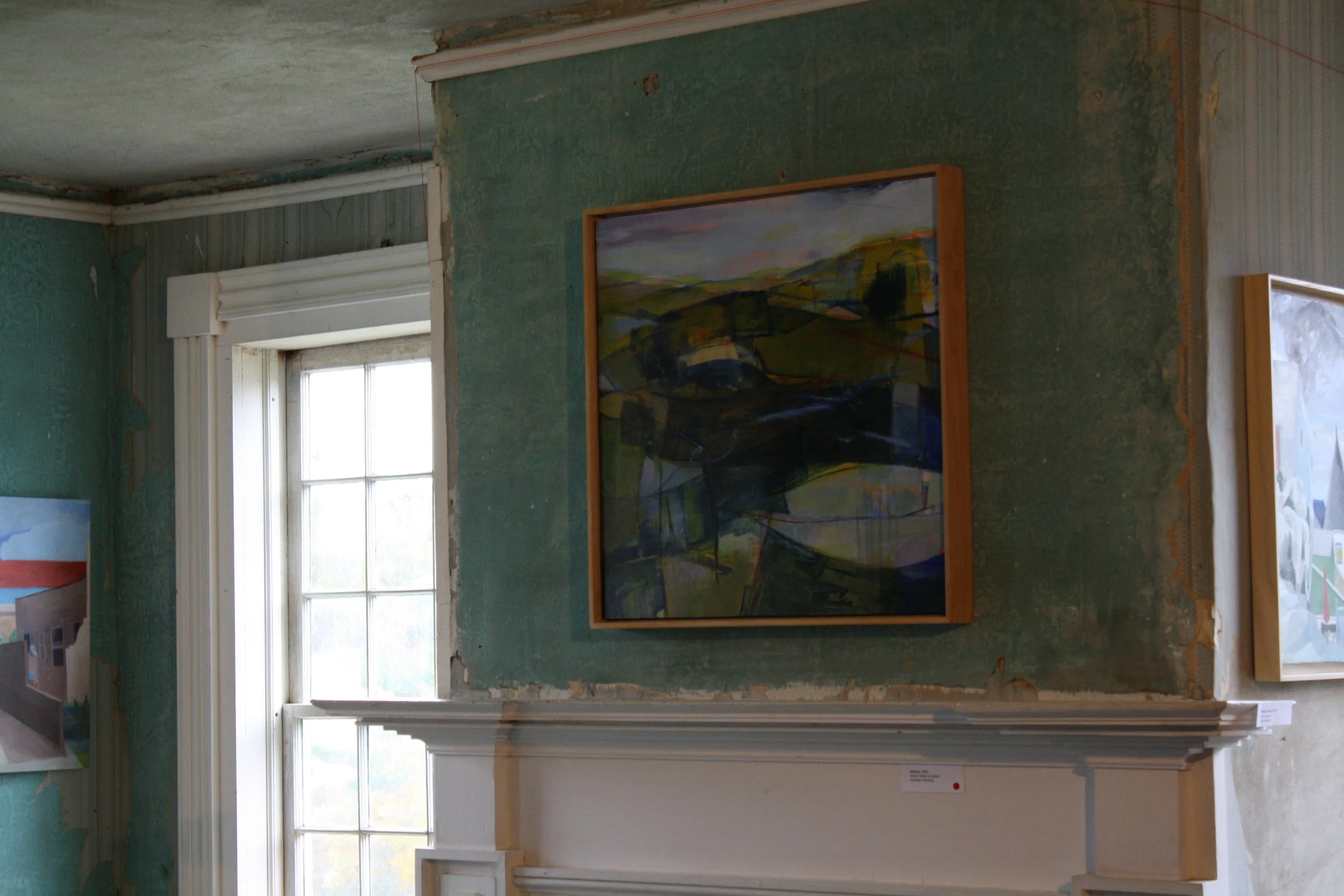  Kathleen Fleming’s painting “Arising” hangs above a fireplace at Art at the Kent’s 2026 exhibition, Throughlines, Calais Vt. Oct. 11, 2026. (Echo/Emma Taylor McCallum) 