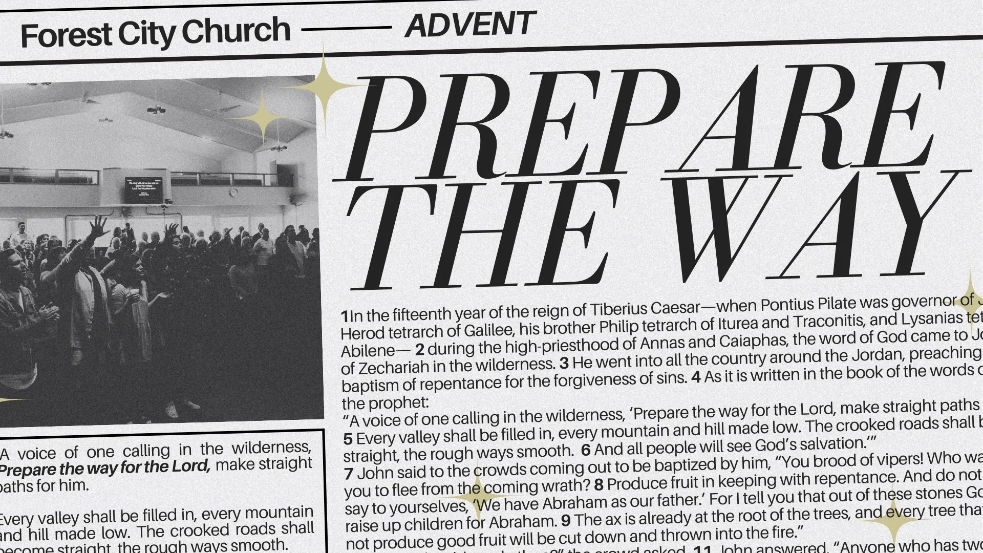 A black and white image of a church congregation listening to a speaker, with text about a religious event titled 'Prepare the Way' and information about the biblical context of John the Baptist during Advent.