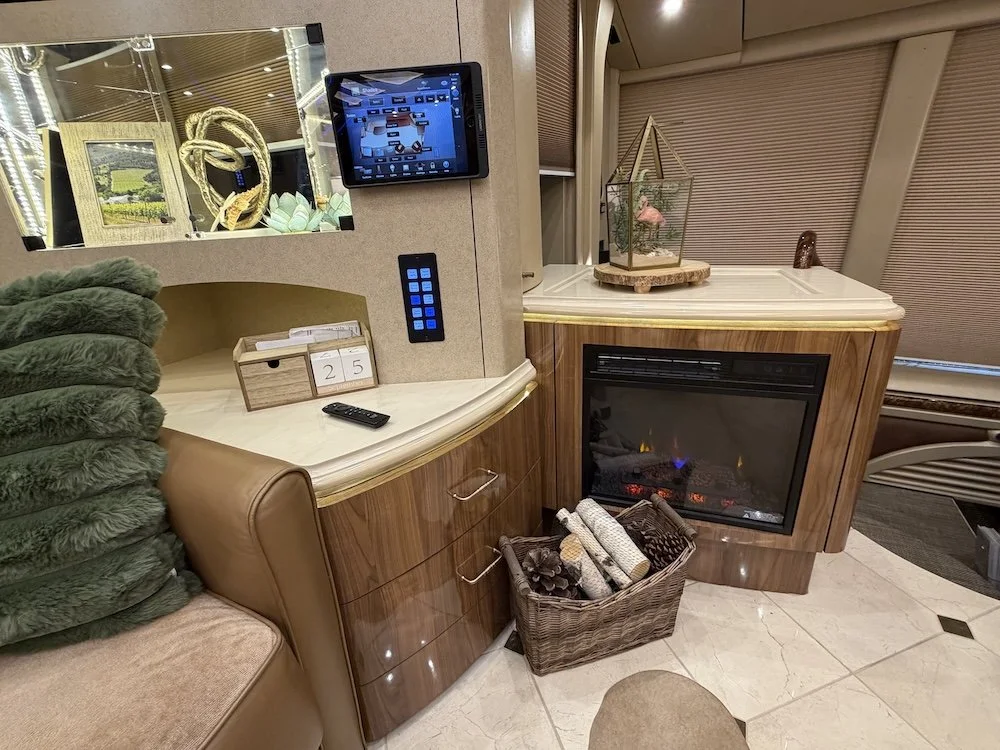 Fireplace inside the 2019 Marathon Bunk Coach.