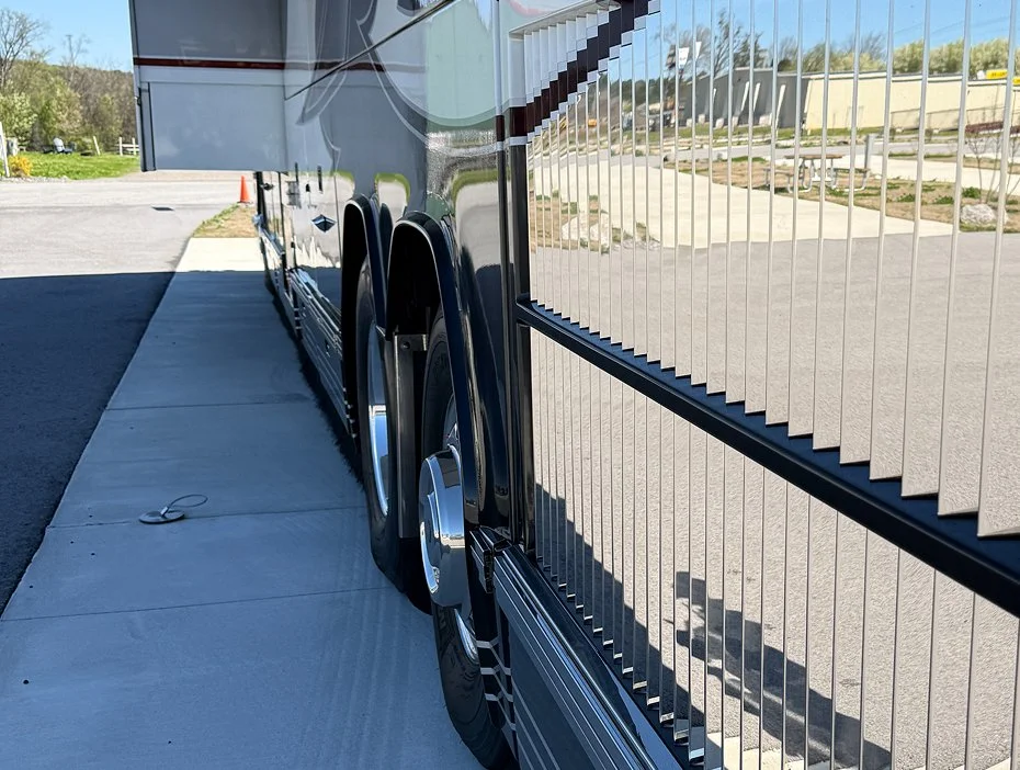 Full rear view of chrome-style stainless steel engine door slats.