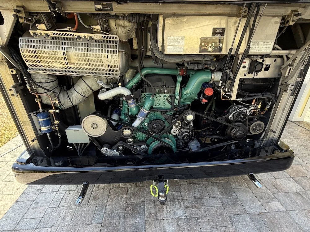 Clean, detailed engine bay of a Prevost H3-45 featuring Volvo D13 power.