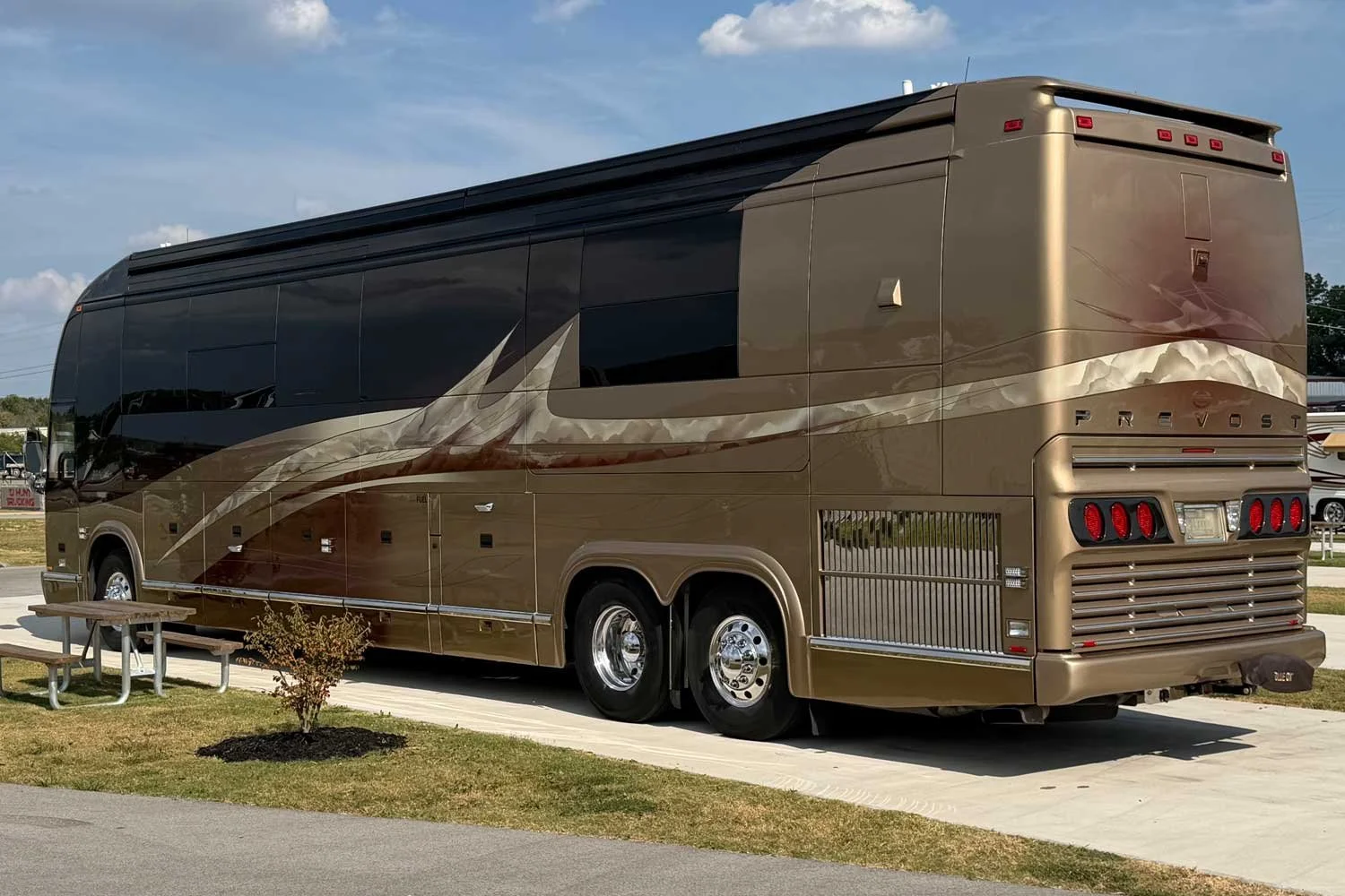 Rear passenger-side view of the coach parked near a picnic area.