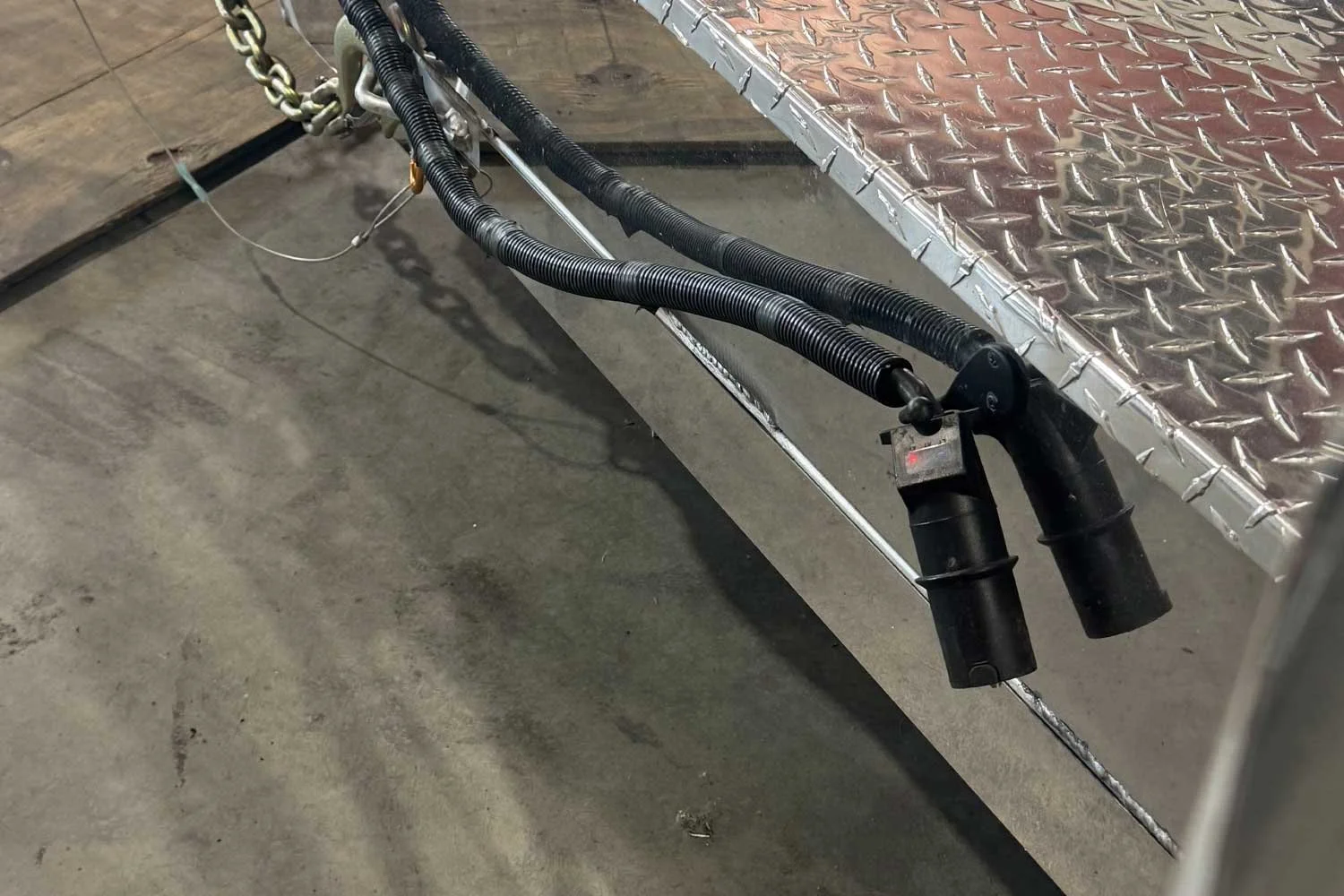 Close-up of the trailer's electrical and brake line connectors