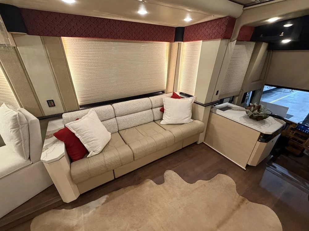 Salon sofa with pillows and cow hide rug.