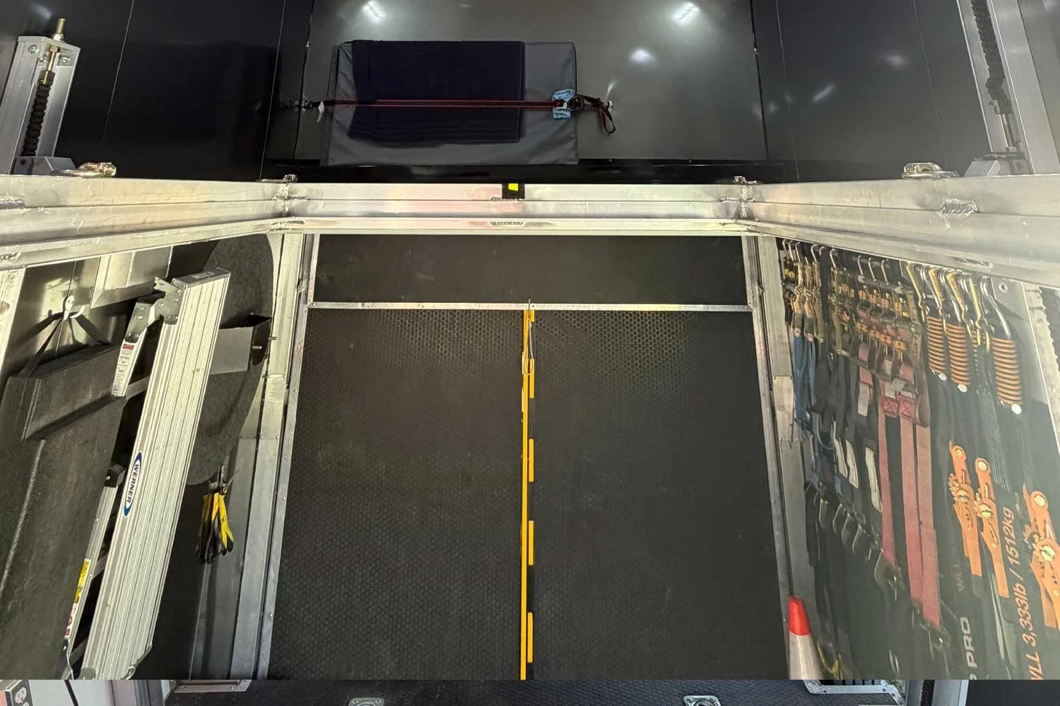 Overhead view of the ramp and tie-down straps
