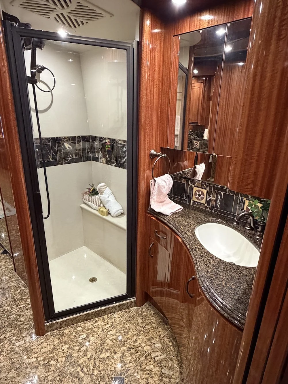 Stand up shower and sink in a luxury coach. 