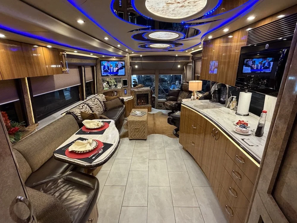 Luxury interior of the Marathon coach looking into the living area.