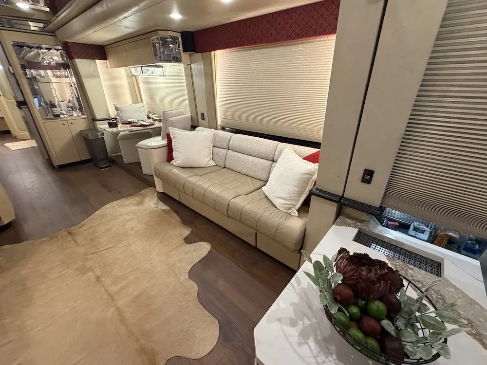 Dinette area with cabinets and dining seating.