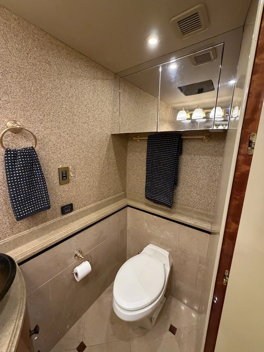 Private toilet room with textured wallpaper and towel ring.