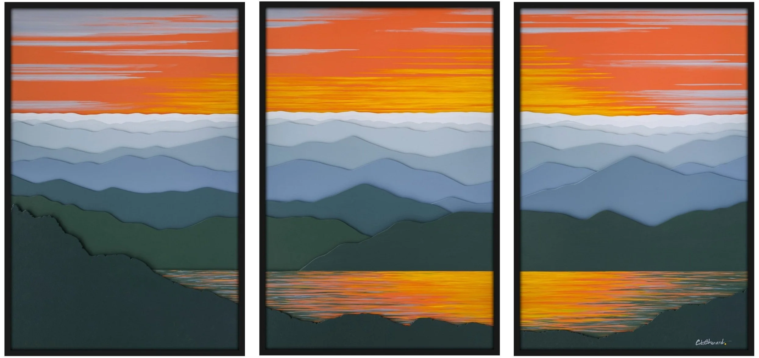 A large commissioned triptych painting of a sunset over Smoky Mountains with reflections on water, featuring orange, yellow, white and various shades of blue hues.