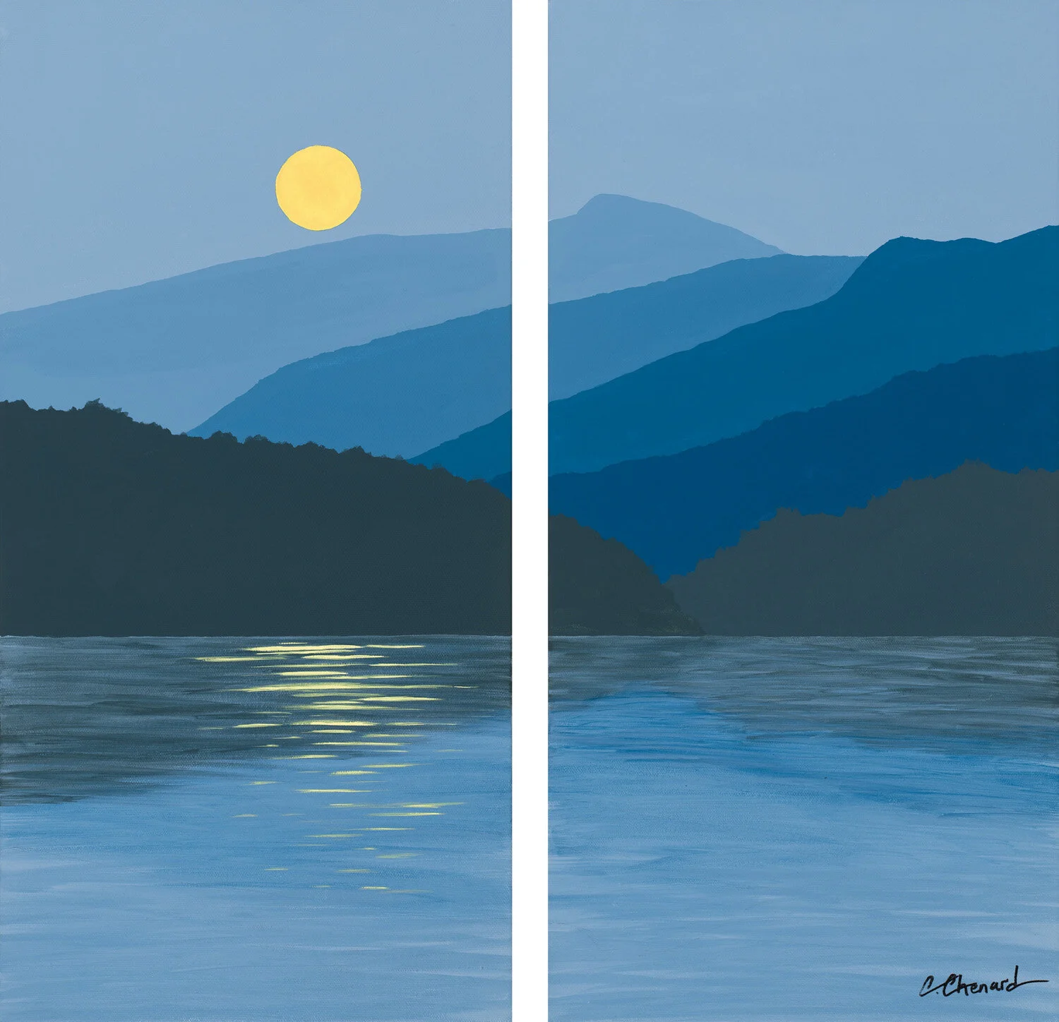 MOON OVER GRANDFATHER MOUNTAIN, Diptych, Acrylic on Gallery Wrapped Canvas, 2 pieces - 24 x 12 inches each, $1000/ SOLD   cat.#193