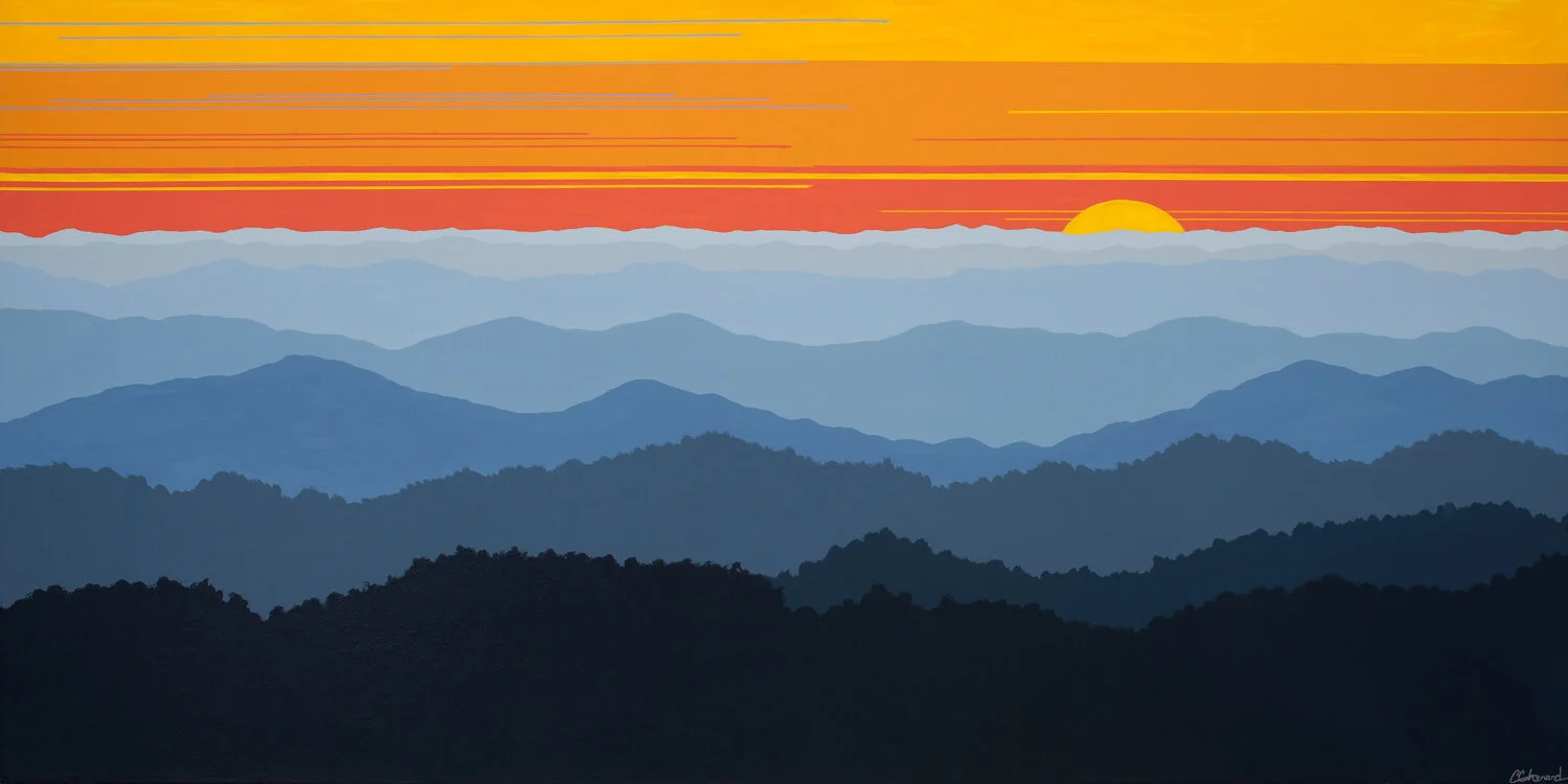BLUE RIDGES BRIGHT SUNSET PANORAMA, Acrylic on Gallery Wrapped Canvas, 30 x 60 inches, $3400/SOLD   cat.#125