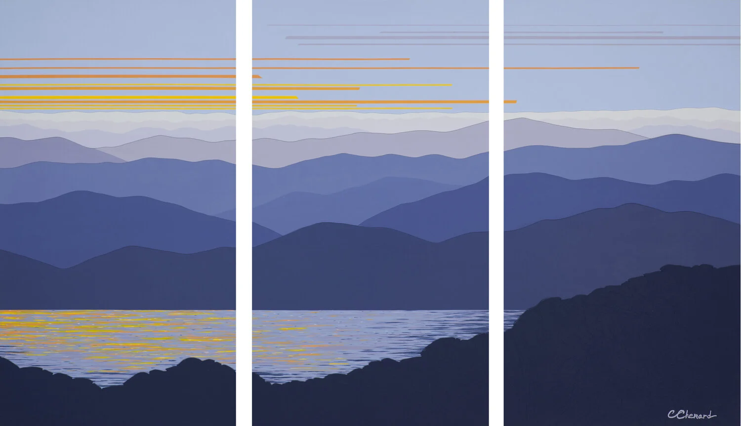 SMOKIES SUNSET LAKE REFLECTIONS, Triptych, Acrylic on Gallery Wrapped Canvas, 3 pieces - 48 x 24 inches each , $6400/SOLD   cat.#191