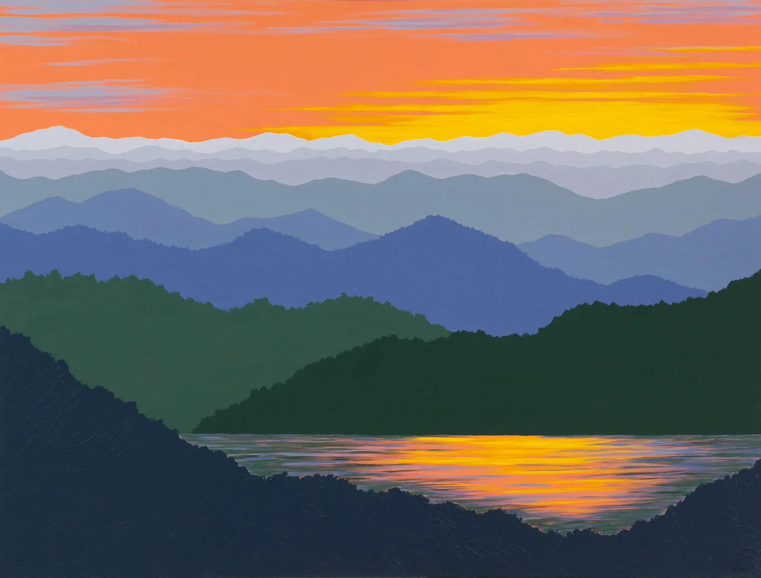 MOUNTAIN SUNSET REFLECTIONS,  Acrylic on Gallery Wrapped Canvas, 36 x 48 inches, $3400/SOLD   cat.#163