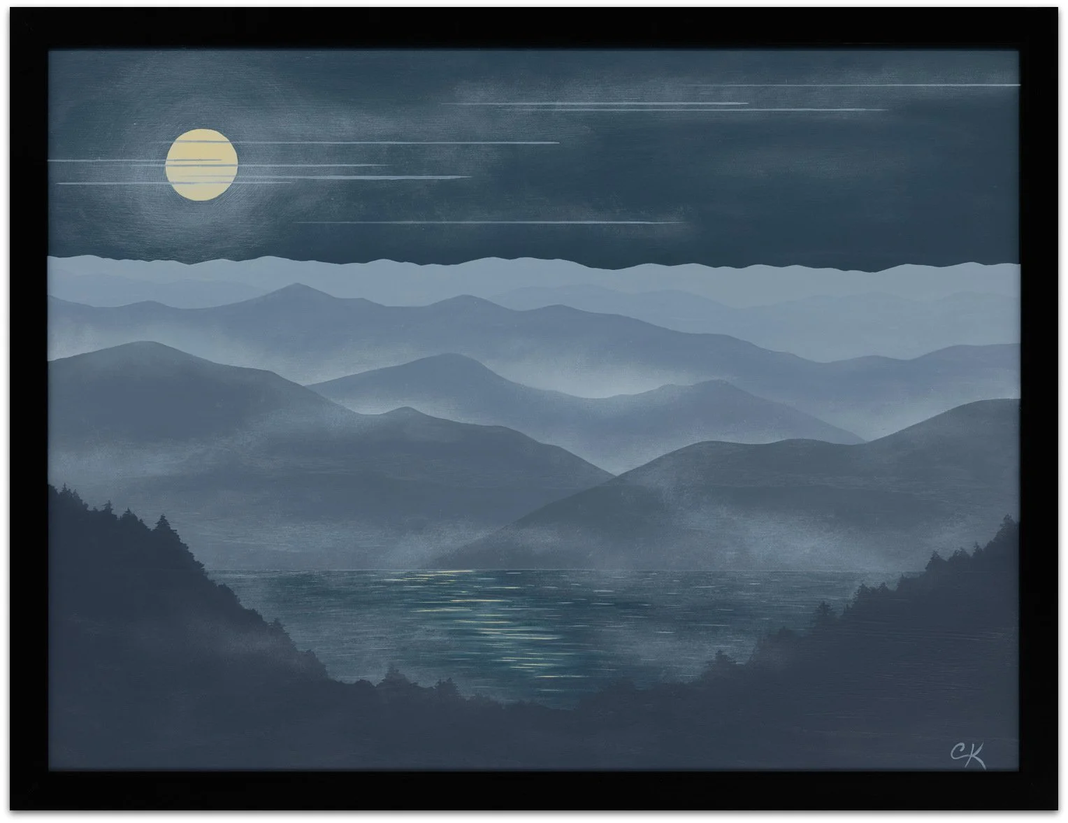 A serene landscape painting of a moonlit mountain scene with layers of misty blue mountains, a calm river, and a bright full moon in the night sky.