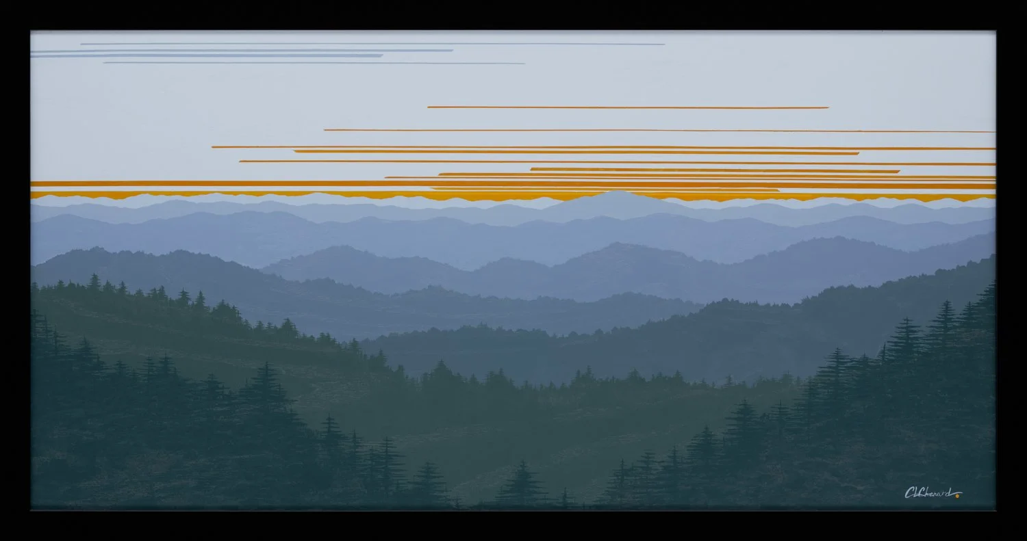 A large peaceful, richly colored landscape painting of multiple layers of blue mountains and pine trees with orange lines and streaks across the sky representing sunrise.