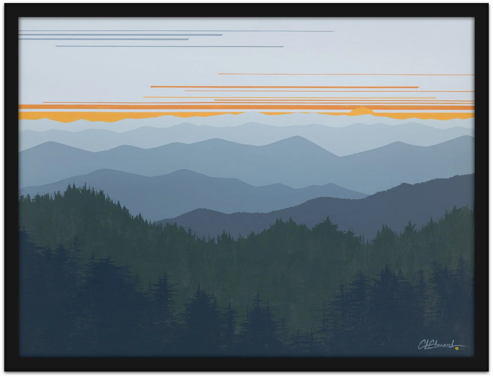 Mid-Century Modern feeling landscape painting of soothing layered mountains at sunset with a few orange and yellow horizontal lines in the sky.