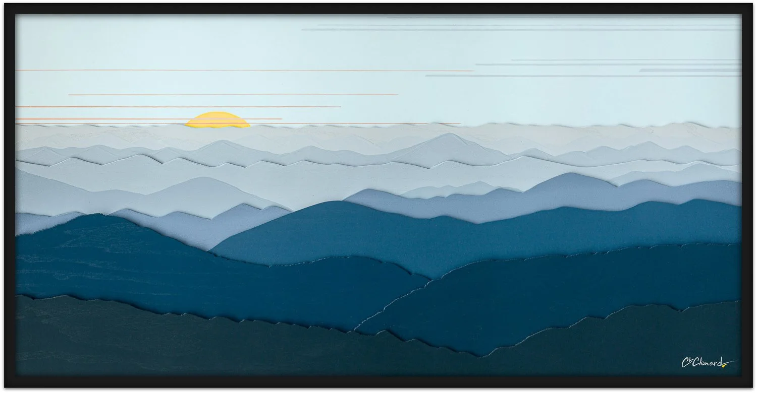 A dimensional mid-century modern landscape painting of rolling mountain ranges in soothing shades of blue with a stylized setting sun on the horizon and a light blue sky.