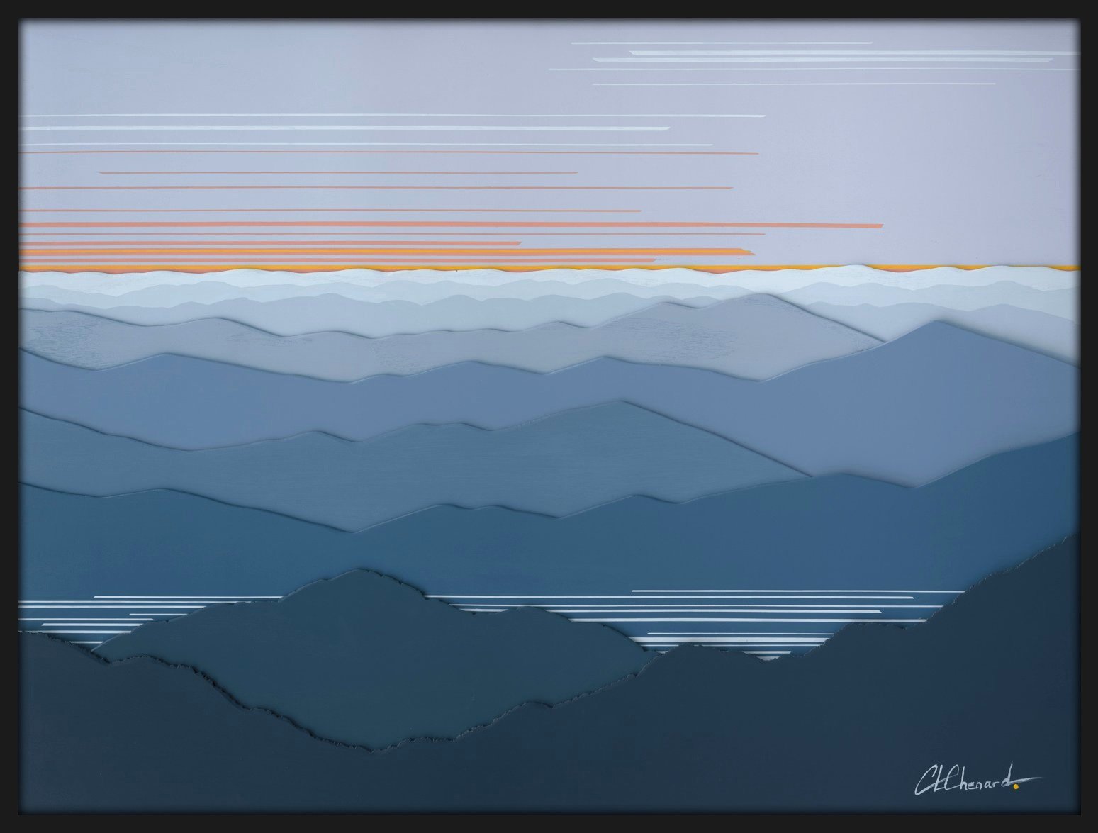 Fine art modern landscape painting of layered Blue Ridge Parkway mountain ranges in shades of blue, with a sunset sky featuring streaks of pink, orange, and yellow.