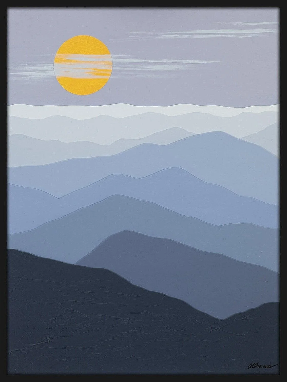 A peaceful painting of a Appalachian Mountain landscape with layered blue and gray mountains and a yellow sun in the sky with gray and white clouds.