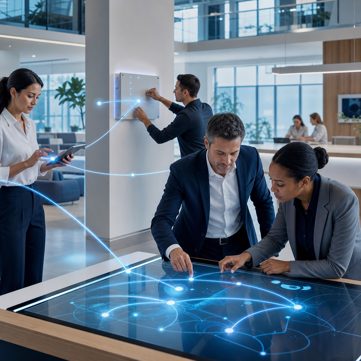 Businesspeople collaborating on a futuristic technology project with a digital touchscreen table and holographic data displays in a modern office.