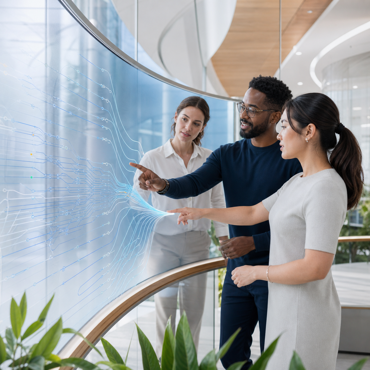 Three diverse people working together on a digital display with a futuristic, flowing data or neural network graphic in a modern office space.