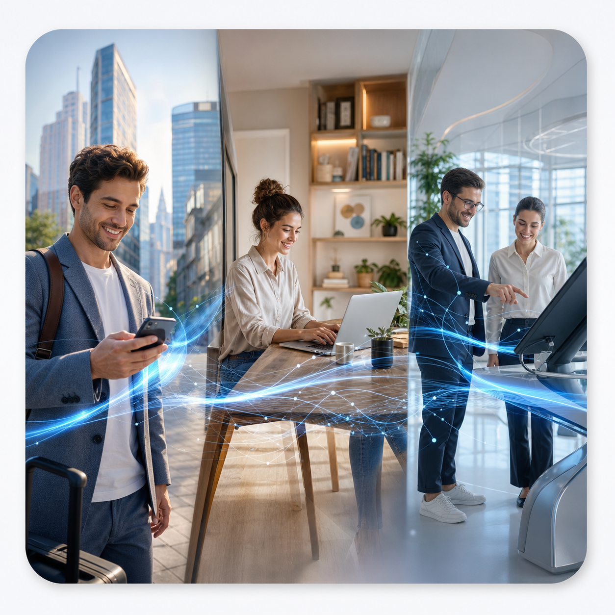 Four people in an office, two women and two men, engaged in work activities with digital connection graphics overlay.