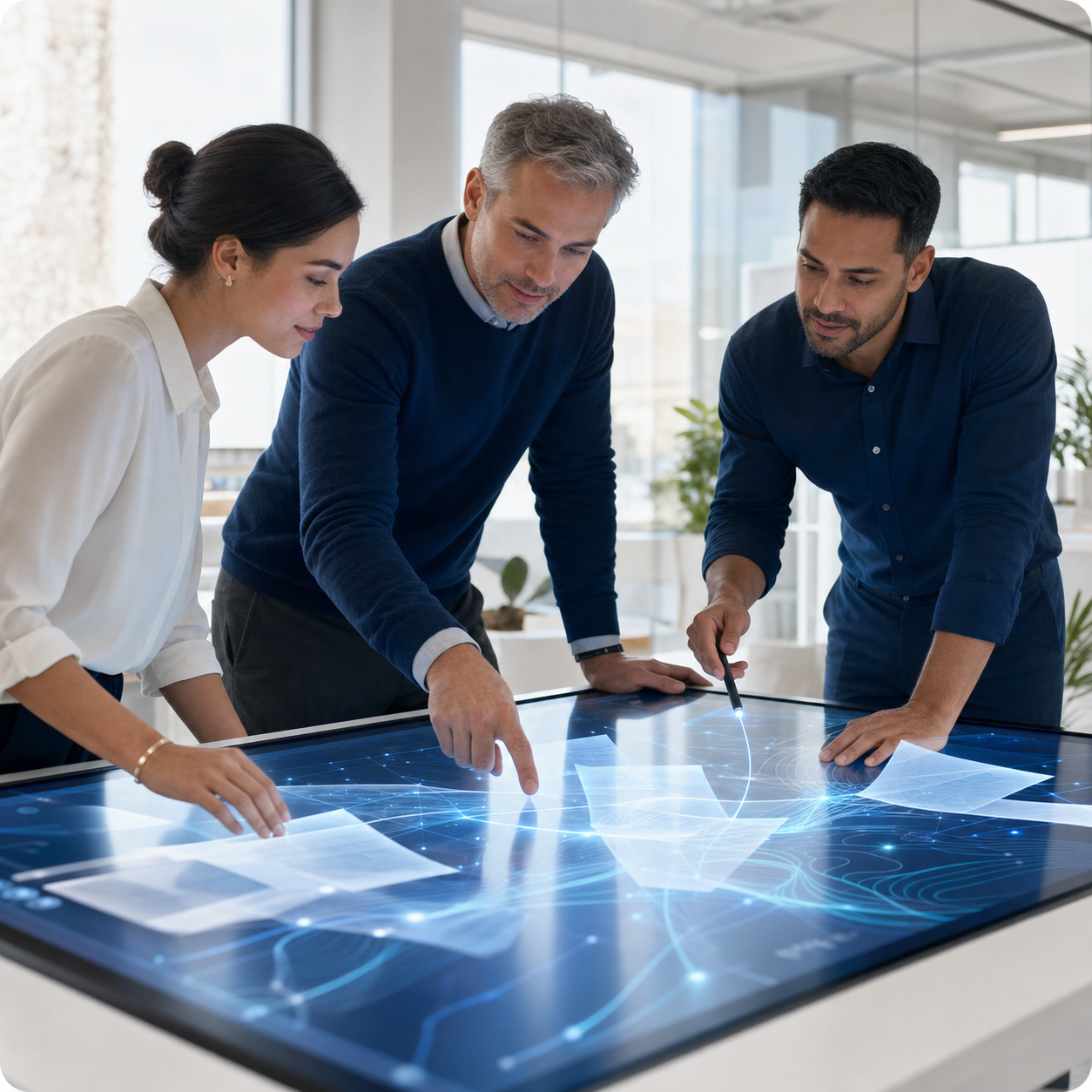 Three professionals collaborating around a large digital touchscreen table in an office, analyzing a futuristic data visualization with graphs and lines.