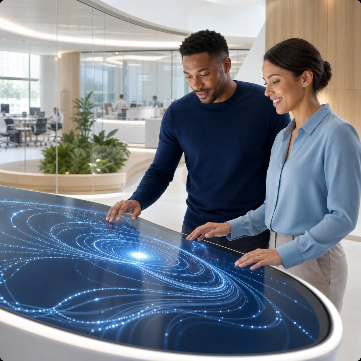 Two people, a man and a woman, interacting with a futuristic digital table displaying a star map or celestial data in an office lobby.