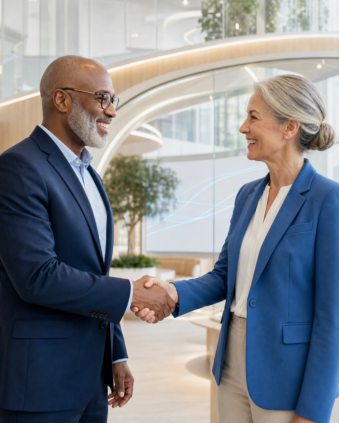 Two professionals, a man and a woman, in business suits shaking hands and smiling in a modern office lobby with glass walls and plants.