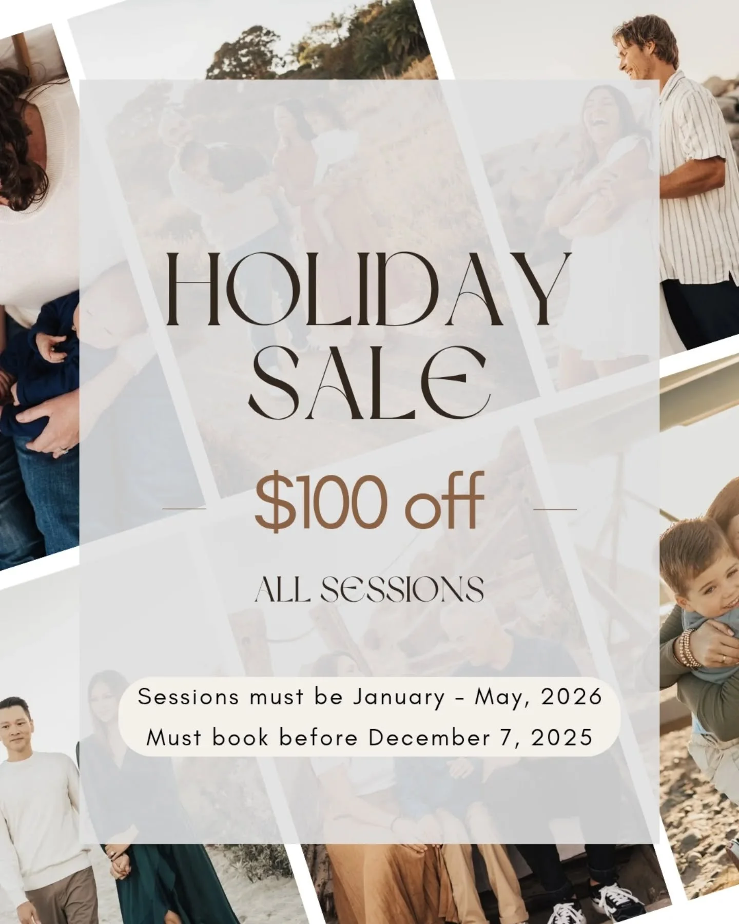 Just decided I don't want to wait until Friday for a holiday sale, so I'm posting it tonight! I do this once a year, and this time I'm not limiting how many sessions are available! 

--$100 off a session (family, couples, maternity, newborn, or the b