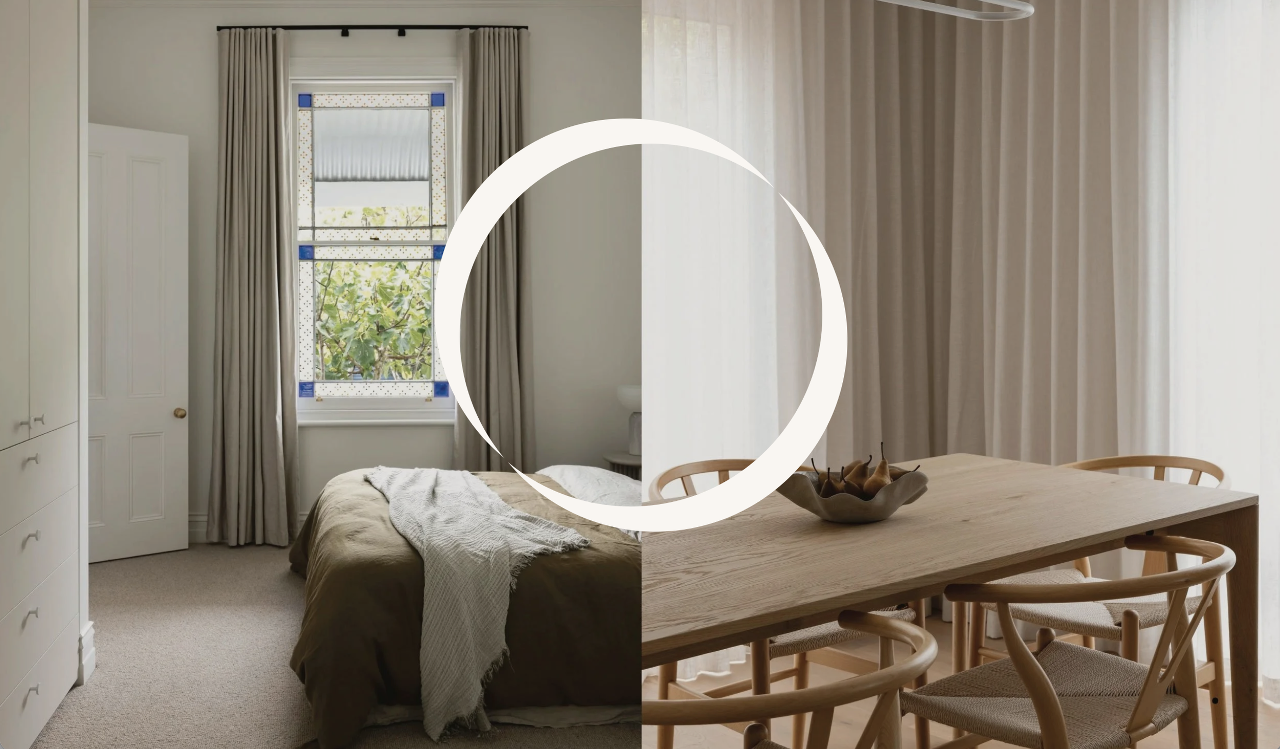 Side-by-side comparison of a bedroom and dining area with minimalist decor; the bedroom has a bed with a beige bedspread, curtains, and a window with trees outside; the dining area features a wooden table with a fruit bowl and woven chairs, with sheer curtains and a hanging light.