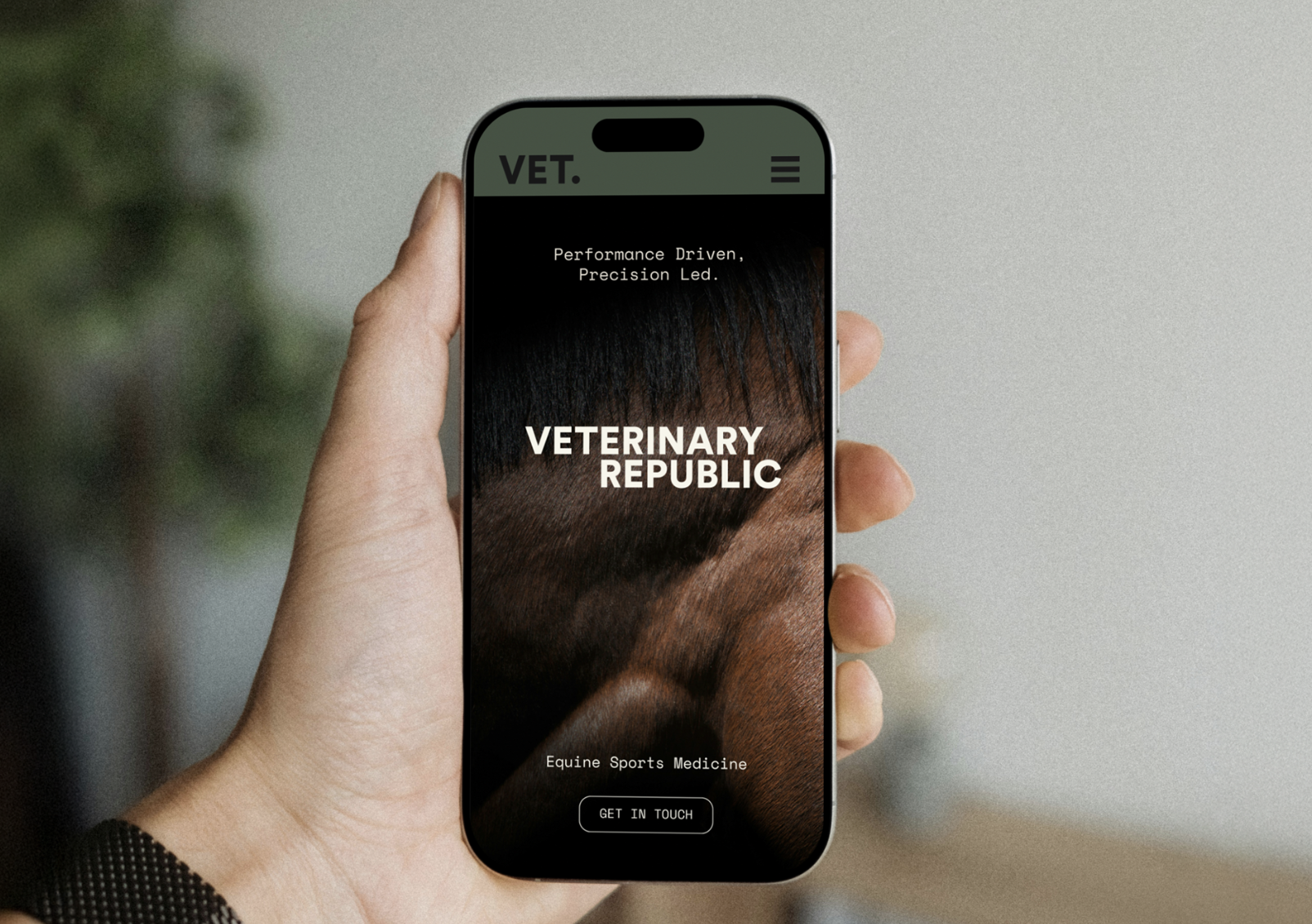 Person holding a smartphone displaying a veterinary clinic website with the text "VETERINARY REPUBLIC" and an image of a horse.