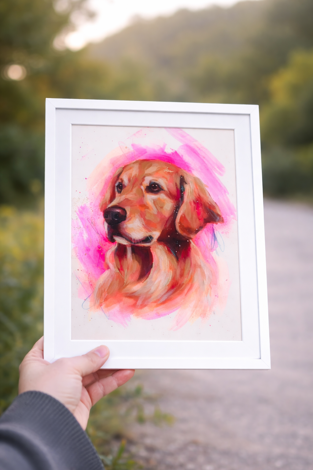 A framed watercolor painting of a golden retriever dog being held up outdoors with a background of blurred greenery and a dirt path.