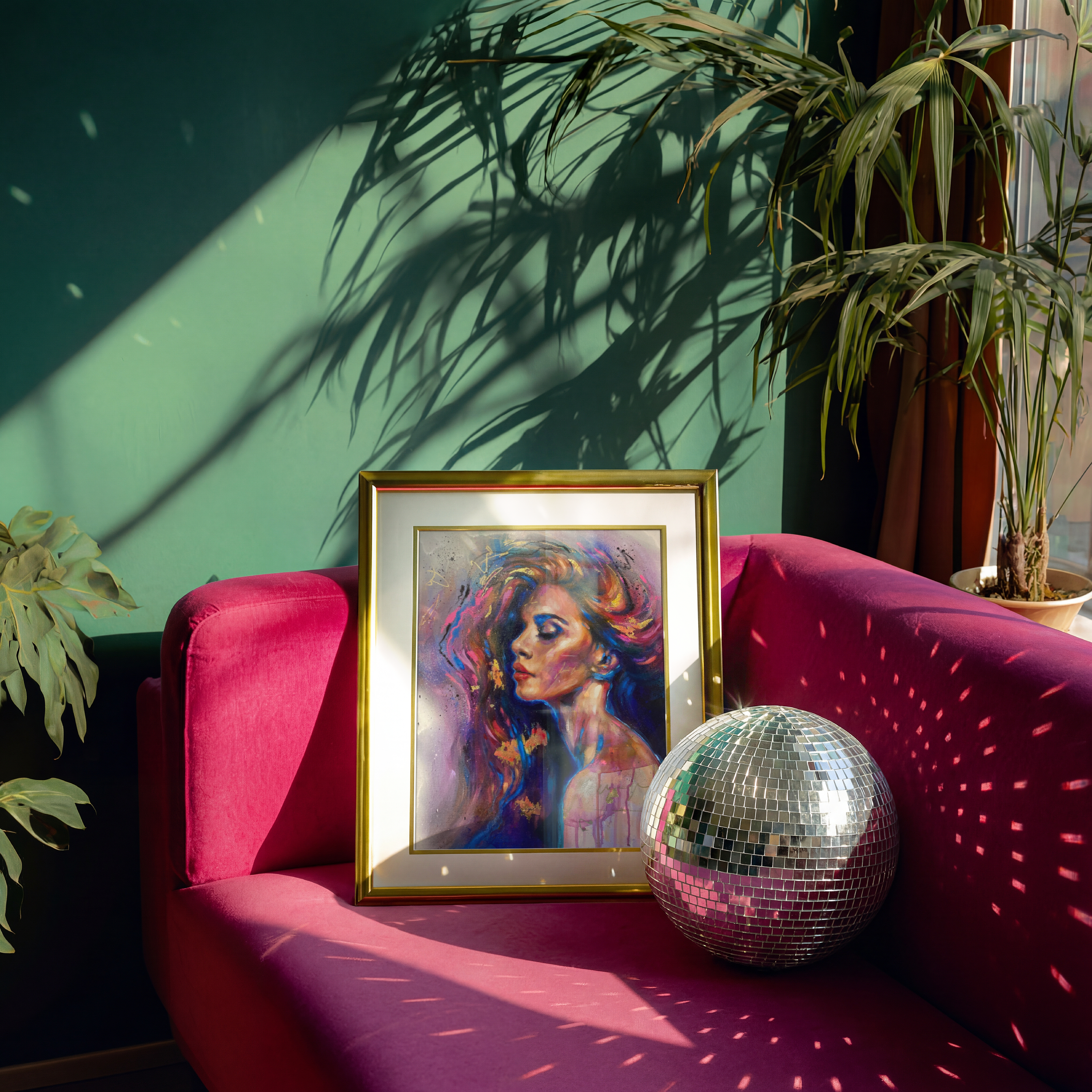 A colorful framed painting of a woman's face with flowing hair placed on a pink velvet sofa, next to a large mirror ball, with a tall green houseplant casting shadows on a green wall and sunlight streaming through a window.