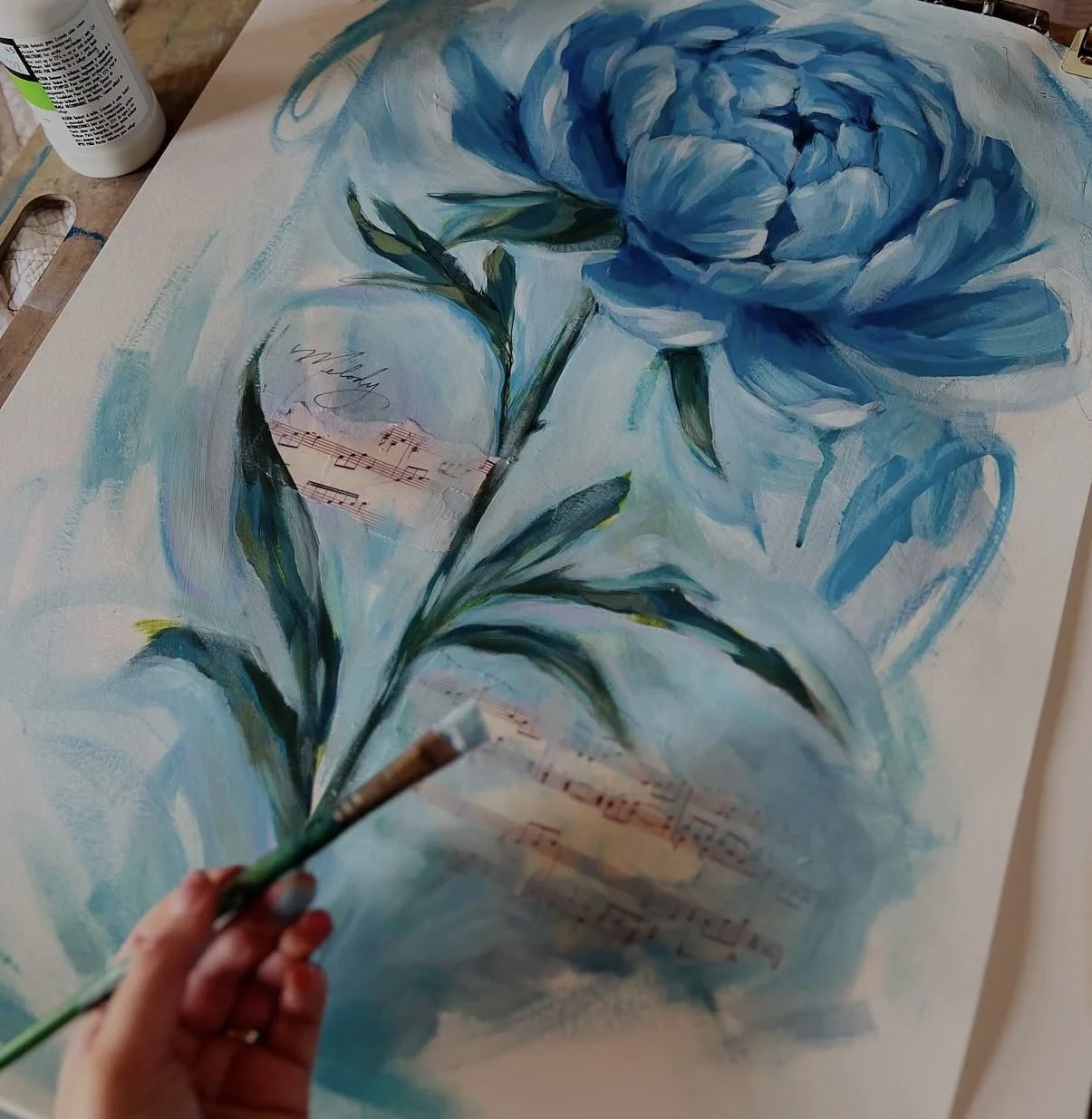 blue floral peony painting by Massachusetts artist Megan Walsh