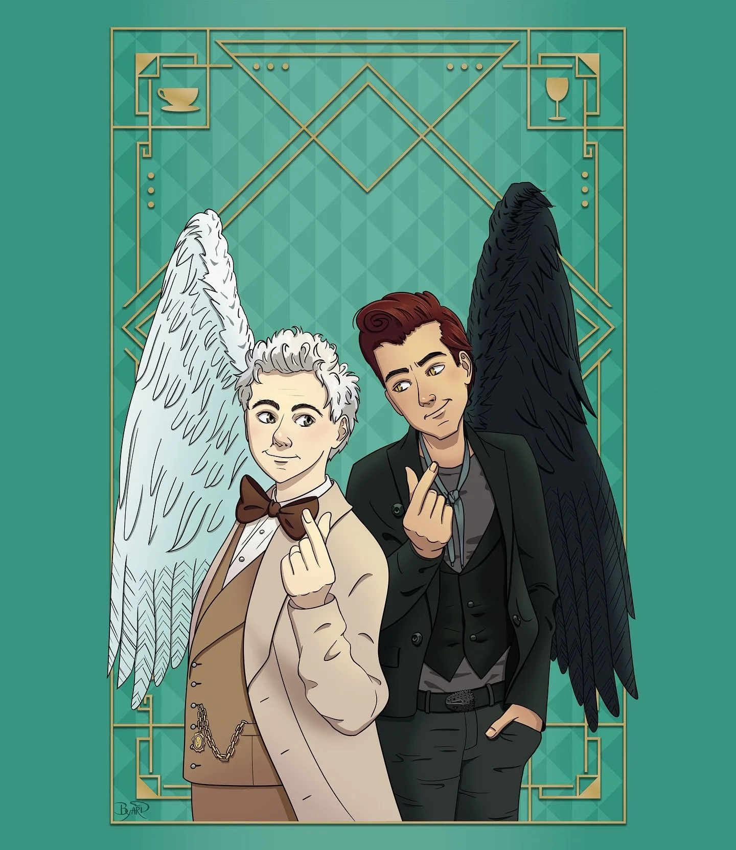 Happy Pride Month! ๐
Funny story: I made this “Good Omens” design as part of my “Ship Love” series because David Tennet was going to be at Planet Comicon. 
I thought the boys having a bro-mance would be cute, but I haven&rs