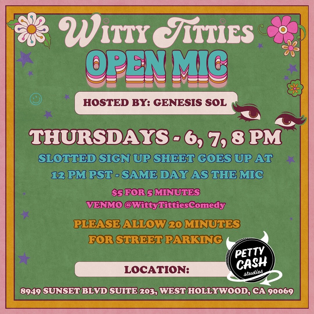 A friendly reminder that starting this week, the open mic will be every Thursday! The sign up sheet will go up on Slotted.co/WittyTitties at 12 pm PST for the 6, 7, and 8 pm hour. 

If you want a place to work more in-depth on a bit or anything you&r