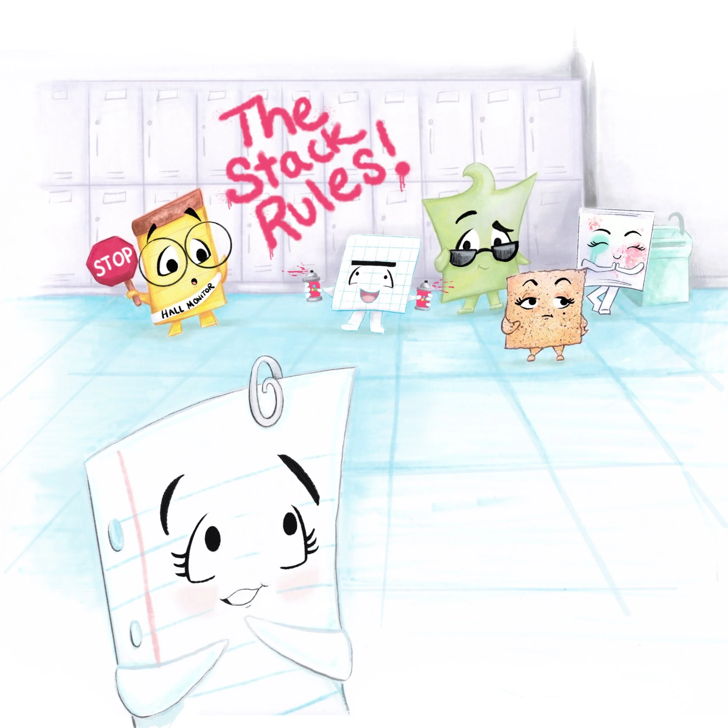 Cartoon classroom scene featuring anthropomorphized school supplies with a sign reading 'The Stack Rules!' in the background. Front center is a smiling notebook with big eyes and eyelashes. In the background from left to right: a yellow hall monitor 