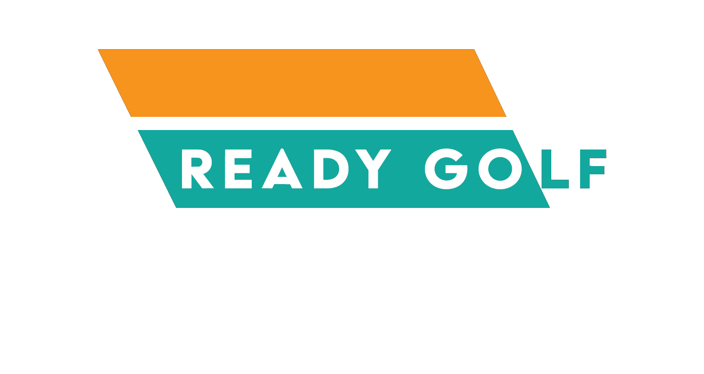 Logo with orange and teal geometric shapes and the text 'READY GOLF'